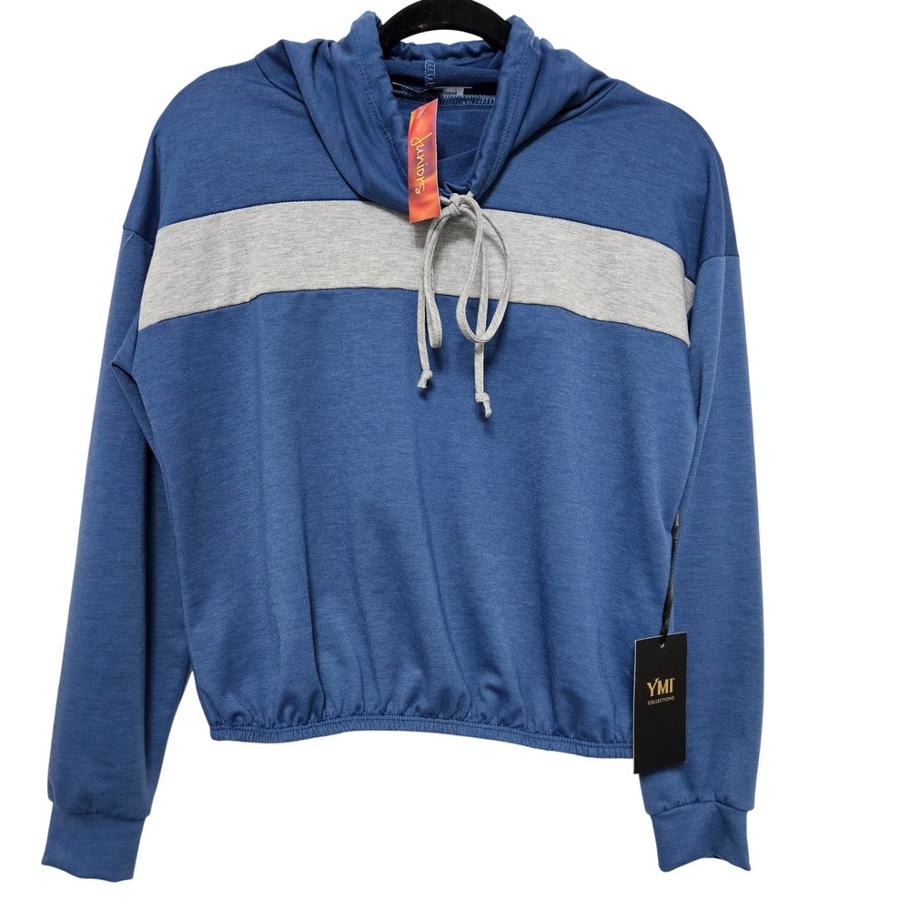 YMI Blue Gray‎ Colorblock Cropped Hoodie Sweatshirt NWT M Athleisure Casual Cozy